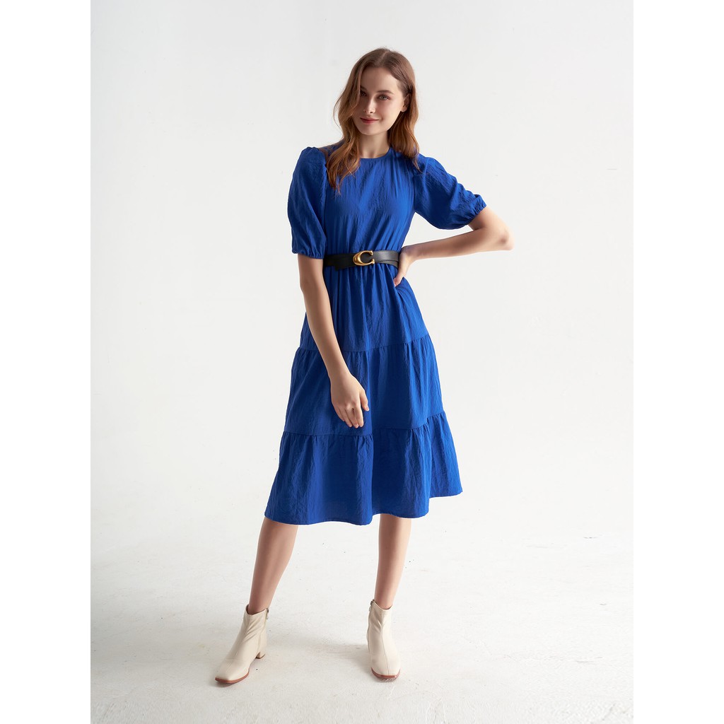 Đầm xanh Sappire váy tầng nữ YV LE & CO vải tơ gợn sóng nữ tính, trẻ trung | BigBuy360 - bigbuy360.vn