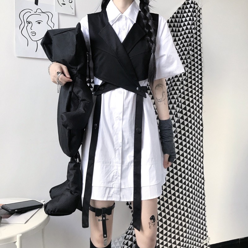 Order - Set áo sơ mi dài dài + vest dáng lỡ phong cách Harajuku