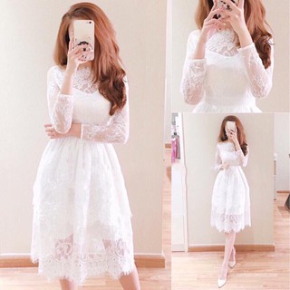 [Chất Xịn] Váy Ren Trắng Dài Tay, Đầm Dự Tiệc Kín Đáo, Chất Liệu Mềm Mịn