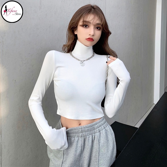 Áo Croptop Cổ Lọ Dài Tay Chất Thun Co Dãn 4 Chiều Mùa Trắng Freesize  "CROPTOP CỔ LỌ TAY DÀI"