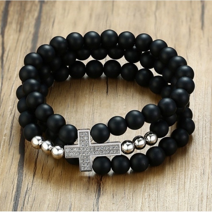 Vòng Tay Hạt Đá Đen 3 Lớp Phong Cách Cổ Điển Cho Nam