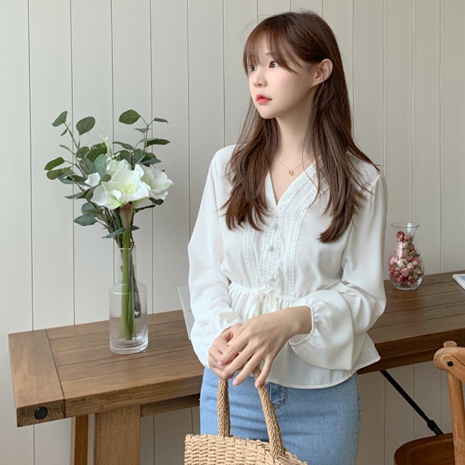 Áo Kiểu Nữ Tay Dài Cổ Chữ V Thời Trang Hàn Quốc