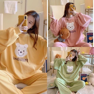 Bộ pijama nỉ gấu in hình 3 màu peekaboo0