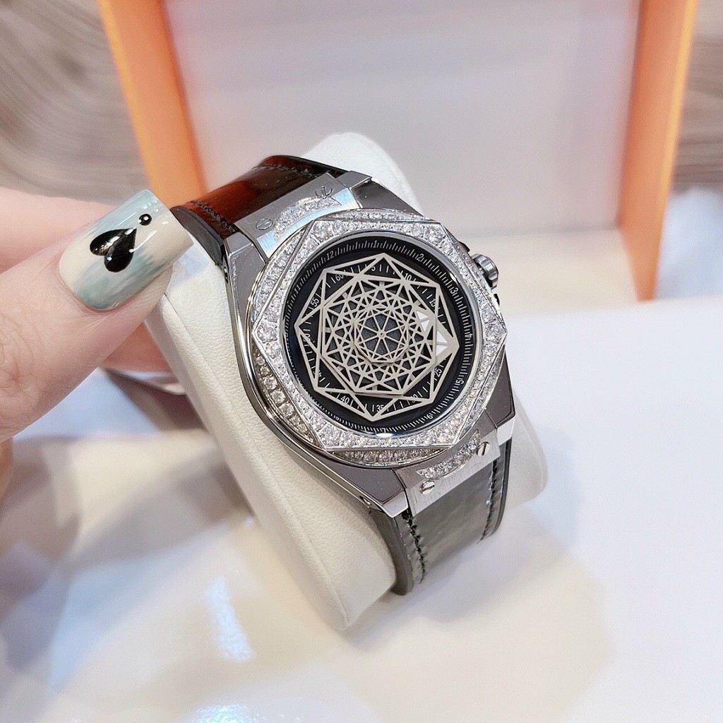 Đồng Hồ Huboler Hanboro Nữ Dây Silicon Bọc Da Đen Silver Authentic 38mm