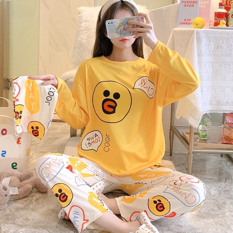 Đồ Bộ Thun Tay Dài Quảng Châu , Pijama Quần Dài , Đồ Mặc Nhà Họa Tiết Hoạt Hình ( kèm túi ) #hot trend #sieuregiasansale