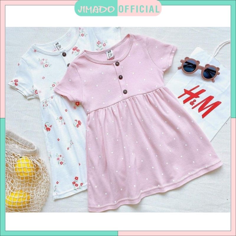 Váy đầm bé gái mặc hè set 2 váy baby doll phối cúc ngực hồng trắng JIMADO E1.099.100
