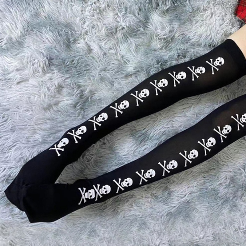 Tất Đen Dài Qua Gối Họa Tiết Bộ Xương Phong Cách Gothic Hóa Trang Halloween Cho Nữ