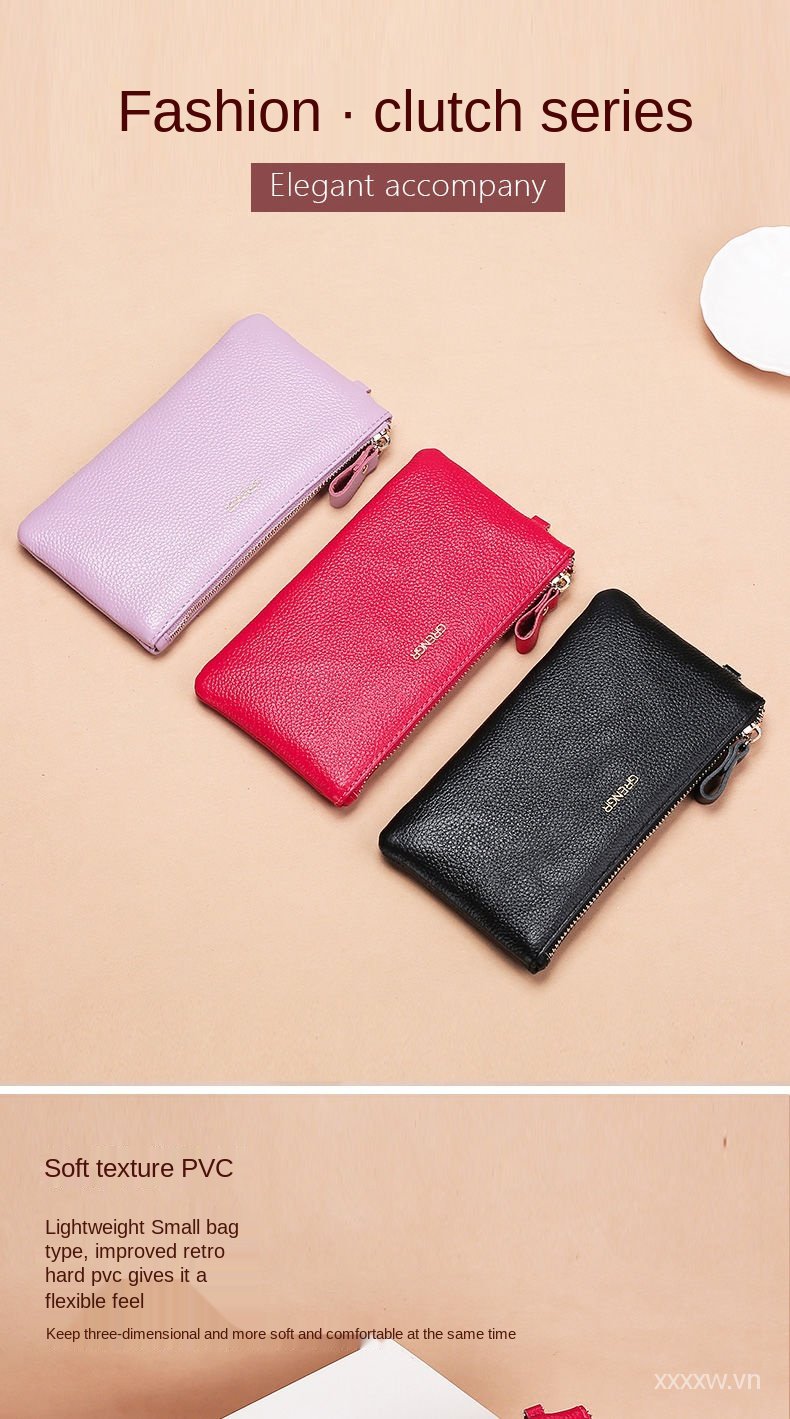 Leather Bag Women's2021New Fashion Japan and South Korea Zip Soft Leather Cowhide Clutch Women's Mobile Phone Bag Coin Purse