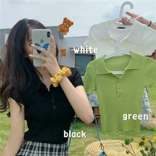 Áo len tăm cổ bẻ ngắn tay cúc ngực nhiều màu