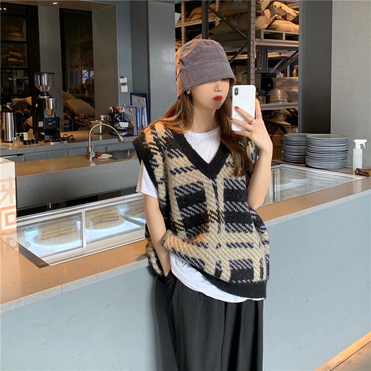 Xiaozhainv Áo sweater không tay cổ chữ V in họa tiết sọc caro thời trang Hàn Quốc