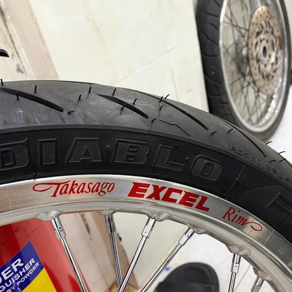 Tem dán vành niềng excel rim màu đỏ trong suốt bộ 4,8 tem có tem waring, chuẩn màu sắc kích thước