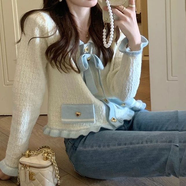 Áo Khoác Cardigan Dệt Kim Phối Nơ Màu Sắc Tương Phản Xinh Xắn Cho Nữ  tao bao