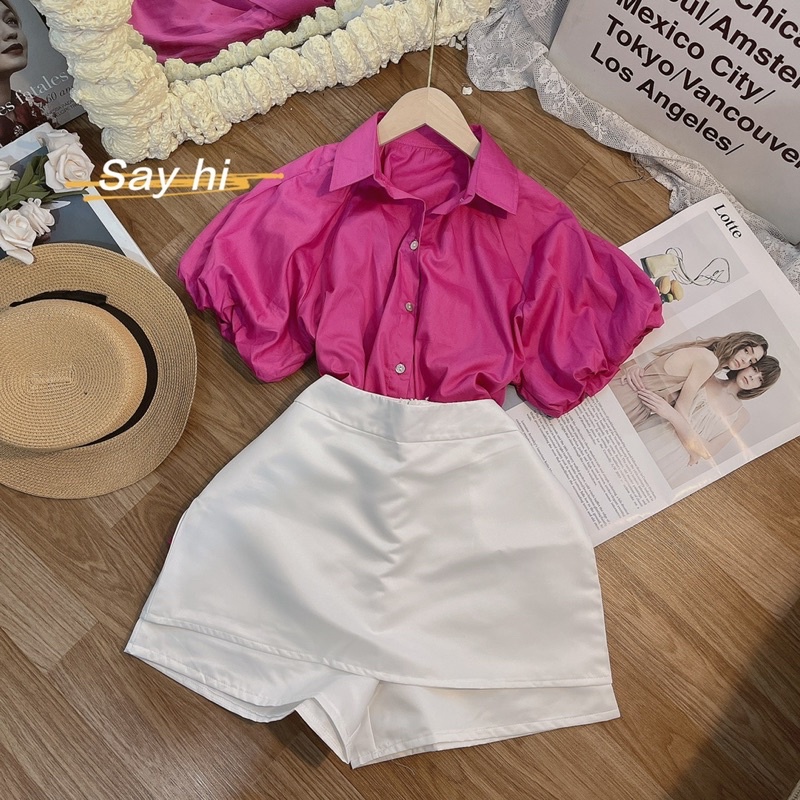 Set áo sơ mi hồng cánh sen tay bo  phồng ngắn kèm quần short giả váy trắng