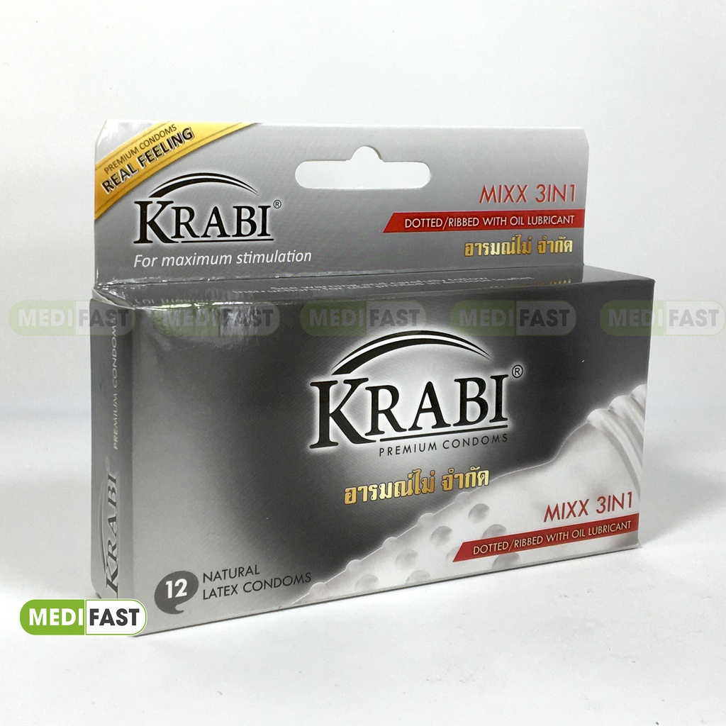 Bao cao su Krabi - Hộp 12 chiếc siêu mỏng, gân gai, vị bạc hà - Nhập khẩu từ Thái Lan - Luôn che tên sản phẩm