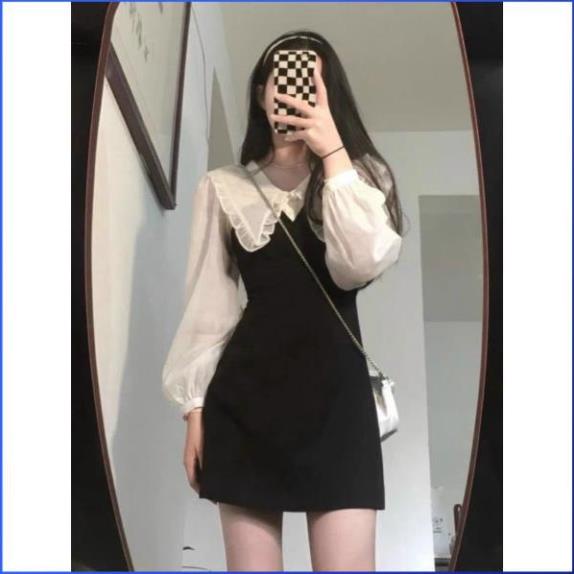 Đầm Đen MATHOA Đầm Chữ A Công Sở Dáng Sơ Mi Phối Trắng Cổ Peter Bèo Tay Dài Phồng Đẹp Thời Trang HOT