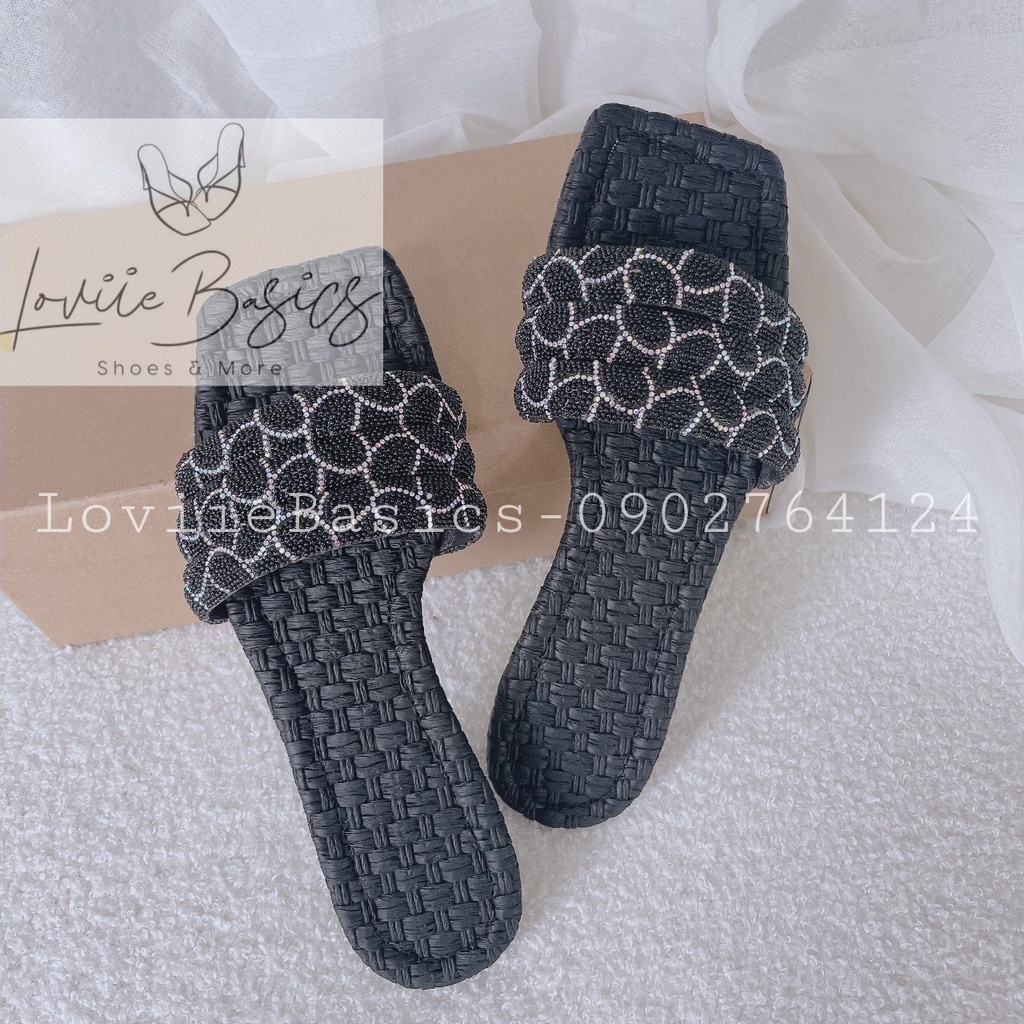 DÉP NỮ LOVIIE BASICS - DÉP BỆT THỜI TRANG QUAI NGANG BẢN TO ĐÍNH ĐÁ ĐẾ THẤP NỮ TÍNH D220702
