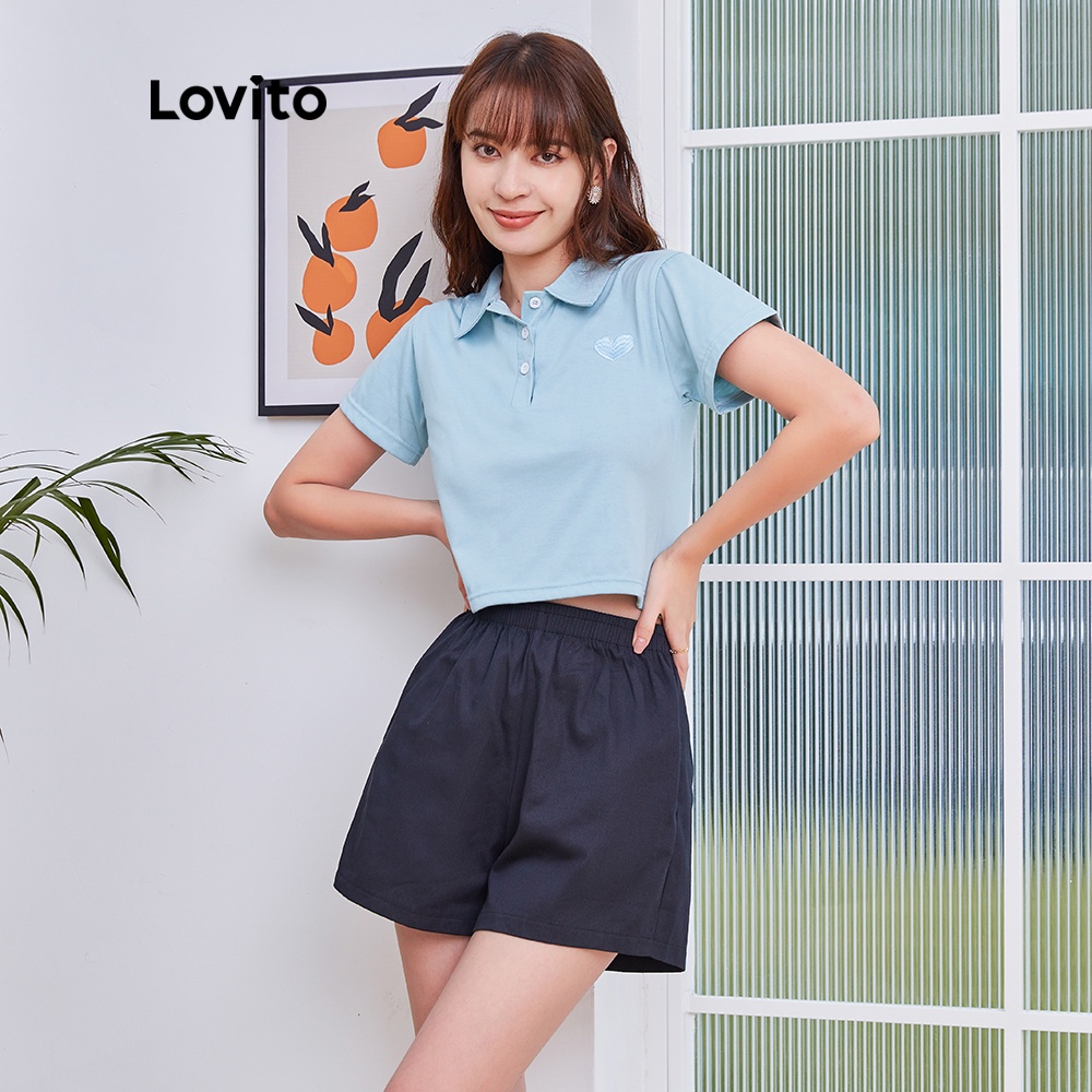 Quần short Lovito lưng cao màu trơn đơn giản dáng rộng phong cách cơ bản có túi L04154 (màu đen) | BigBuy360 - bigbuy360.vn