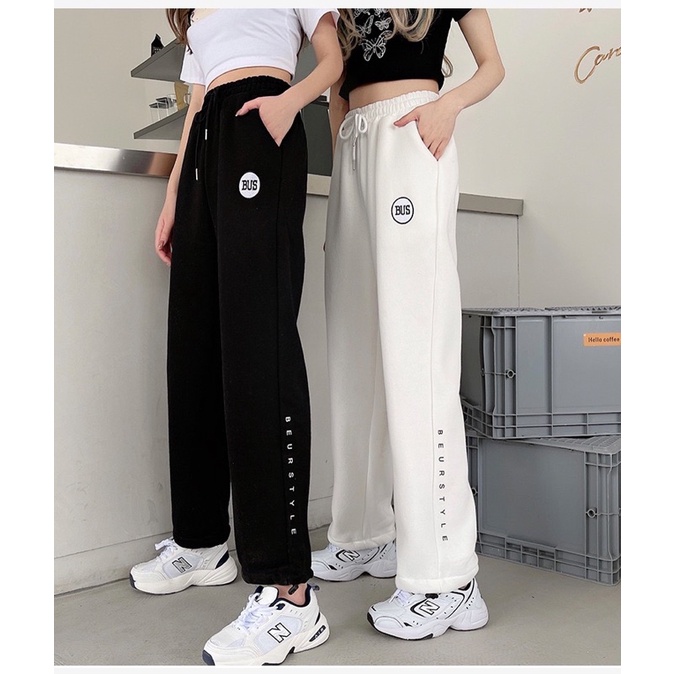 Quần nỉ jogger 🦋 thêu chữ BUS dáng suông thể thao ống rộng 3 màu chất vải cotton dày dặn mềm mịn