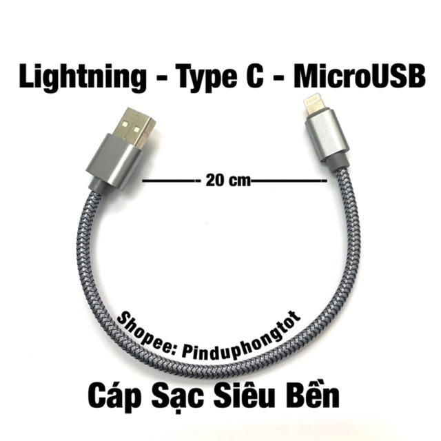 Cáp Sạc Ngắn 20 CM Bọc Thép Siêu Bền Lighting Type C Micro USB