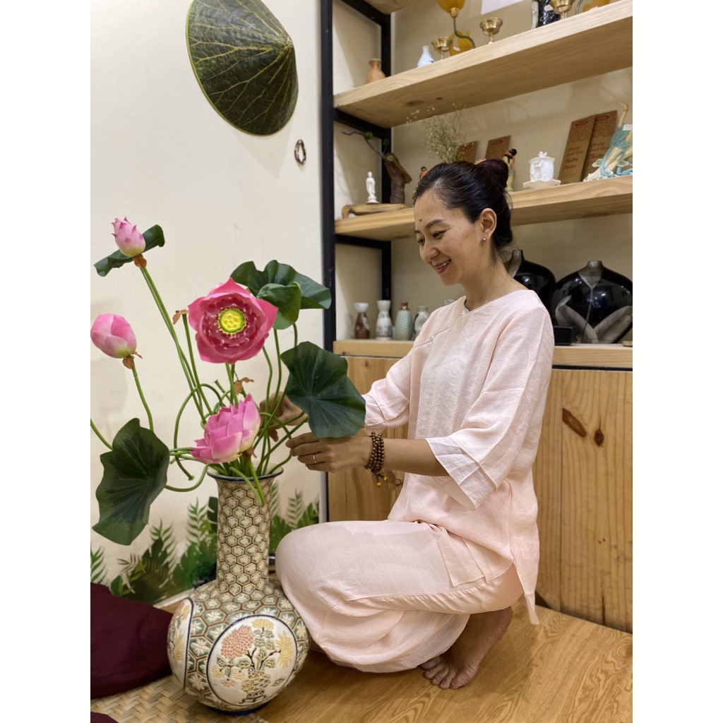 Quần áo phật tử cho người Thiền, người tập Yoga, đồ lam đi chùa nữ cổ tròn tơ đũi 2 lớp Thiền Chay