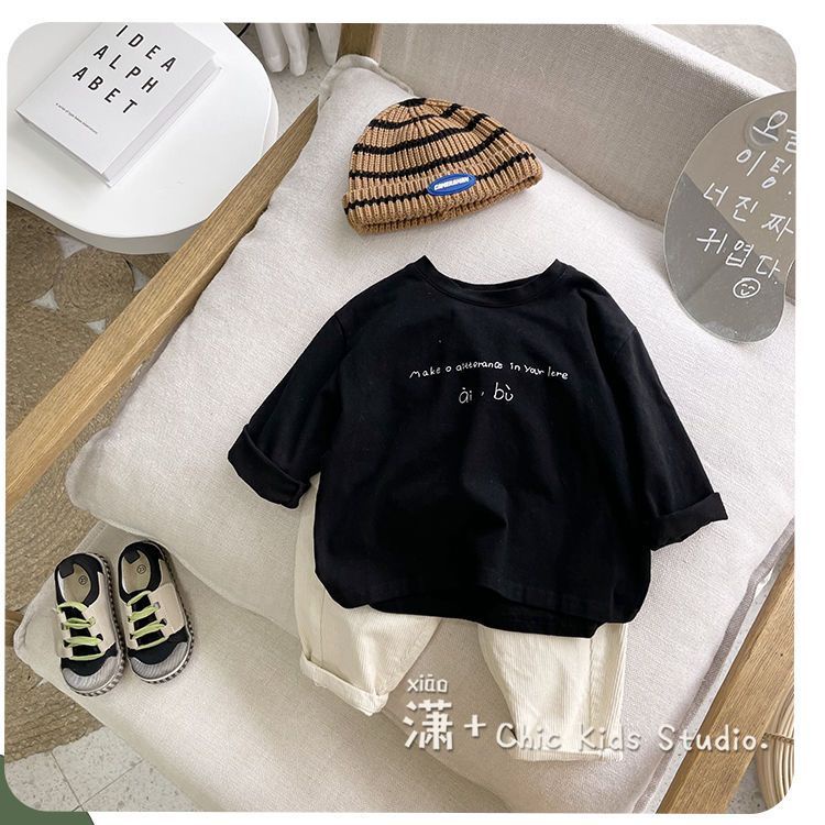 [Babycat] Hàng Có Sẵn Áo Thun Cotton Nguyên Chất Tay Dài Dáng Rộng In Chữ Phong Cách Nhật Bản / Hàn Quốc Thời Trang Xuân Thu Mới Cho Bé Trai Và Bé Gái