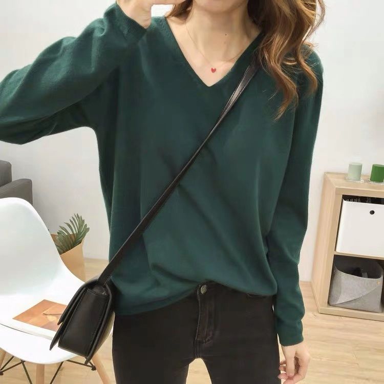 Áo Sweater Cổ V Dáng Rộng Màu Sắc Đơn Giản Thời Trang Xuân Thu Cho Nữ