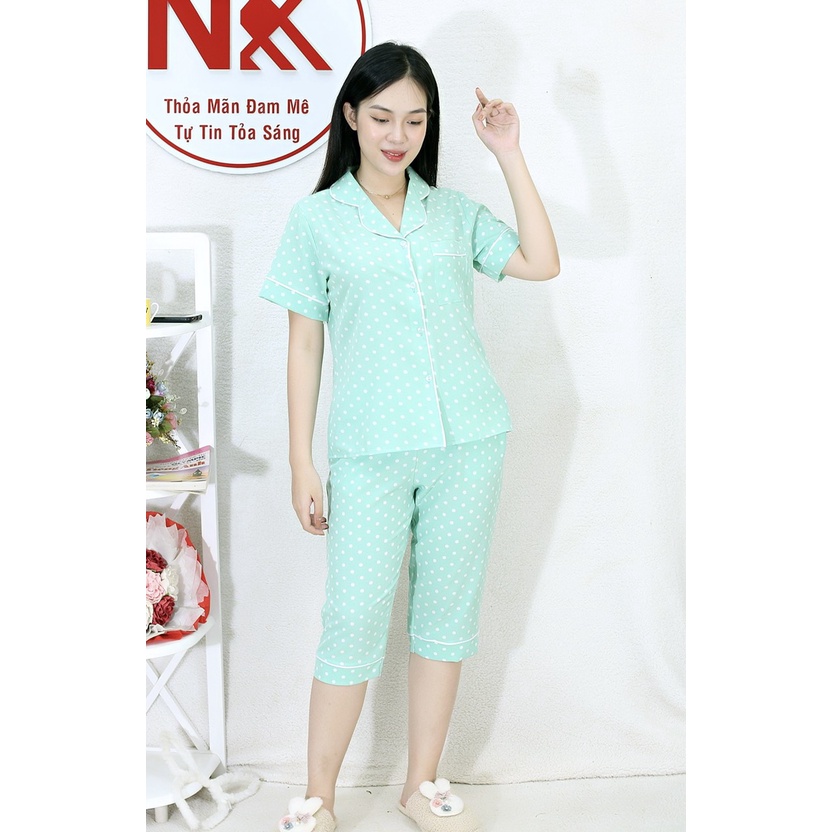 [HÌNH THẬT] Bộ đồ Pijama lửng mặc nhà MÀU XANH NGỌC CHẤM BI - Vải Siêu Lụa Cao Cấp - Mềm Mại Êm Ái