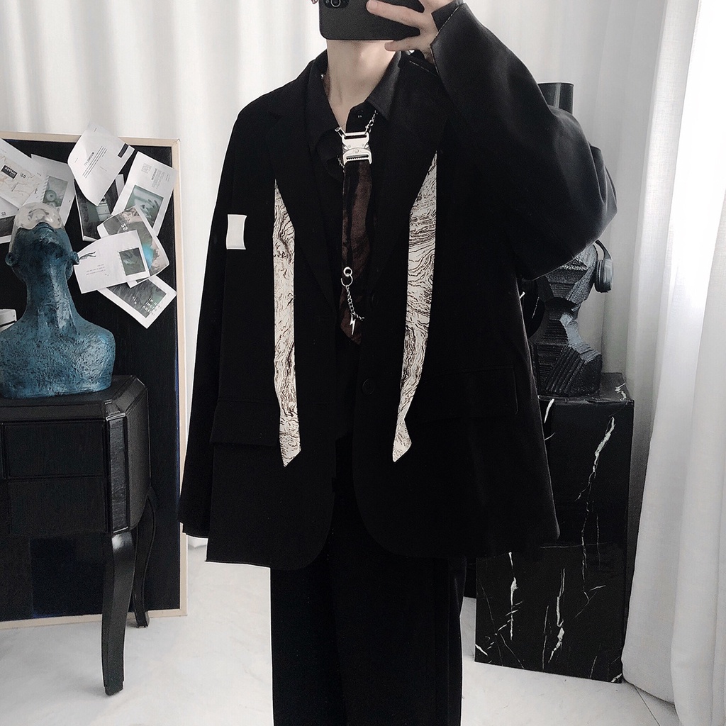 Áo Khoác Vest Tay Dài Dáng Rộng Phối Cà Vạt Kiểu Preppy Cá Tính Cho Nam