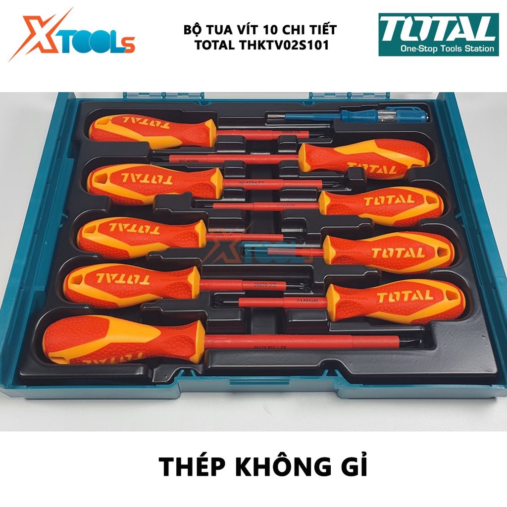 Bộ tuốt nơ vít cách điện 10 chi tiết TOTAL THKTV02S101 | Bộ 10 tua vít cách điện 9 tua vít SL3.0x75mm, SL4.0x100mm, SL5.