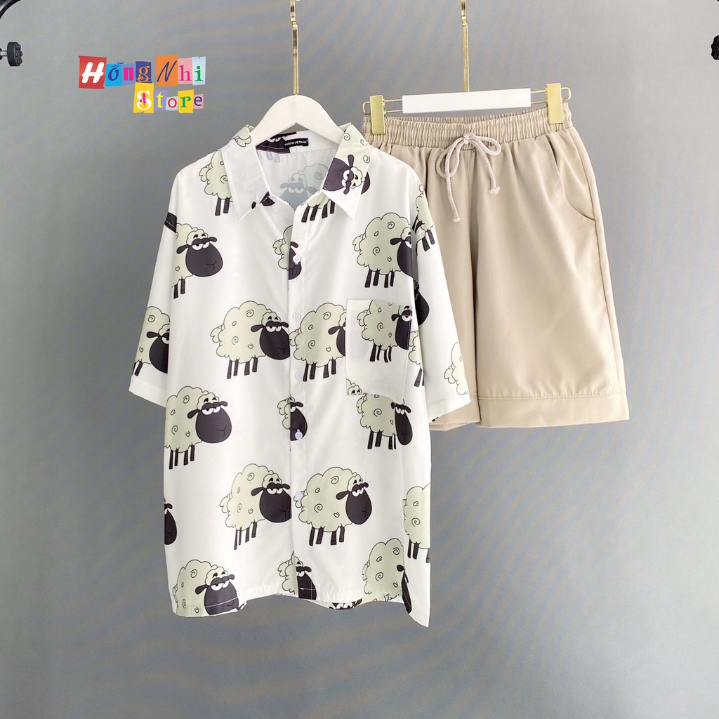 Áo Sơ Mi Họa Tiết Đi Biển Con Cừu Hoạt Hình Tay Lỡ Dáng Rộng Ulzzang Unisex - MM