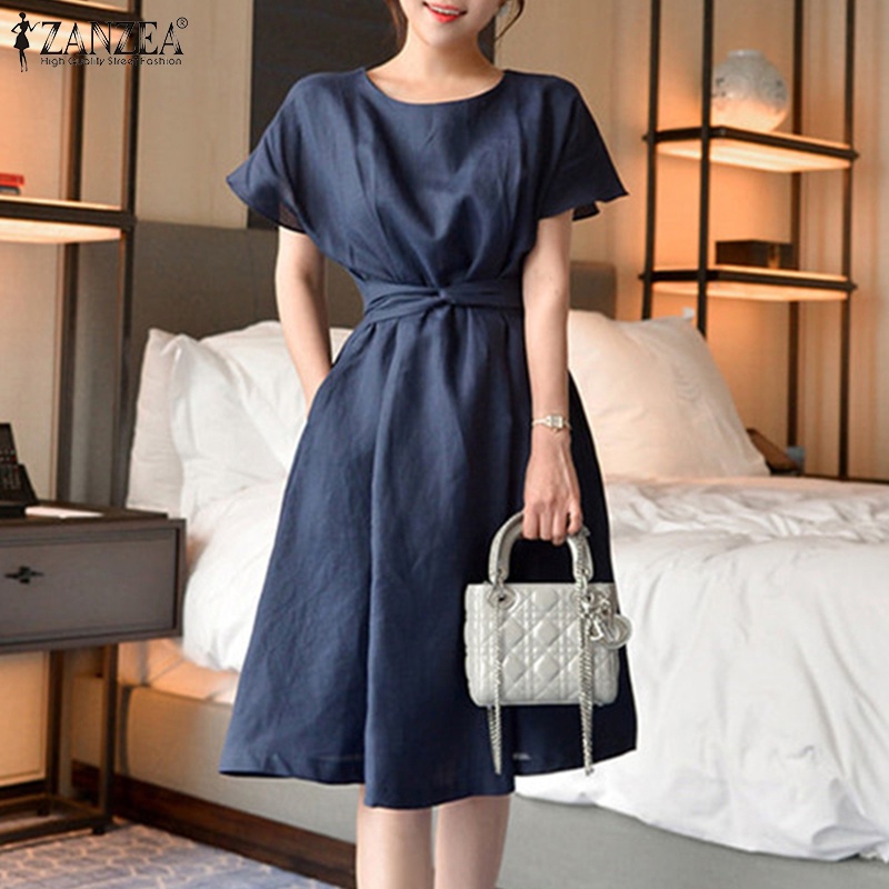 Đầm midi Zanzea cotton ngắn tay cổ tròn xếp ly eo cao phong cách Hàn Quốc thời trang cho nữ có túi bên hông