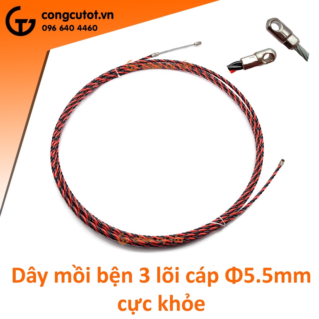 Dây mồi bện 3 lõi cáp Ø5.5mm cực khỏe vằn đỏ đen dài ( 5m, 10m 15m 20m)