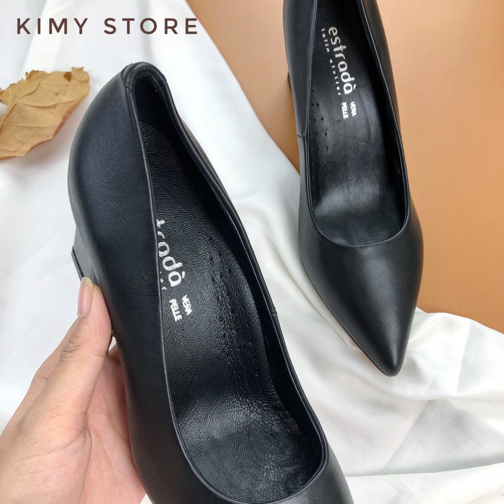 Giày cao gót công sở nữ VNXK da bò, gót trụ loe kiểu lạ 7cm-Dáng basic mũi nhọn