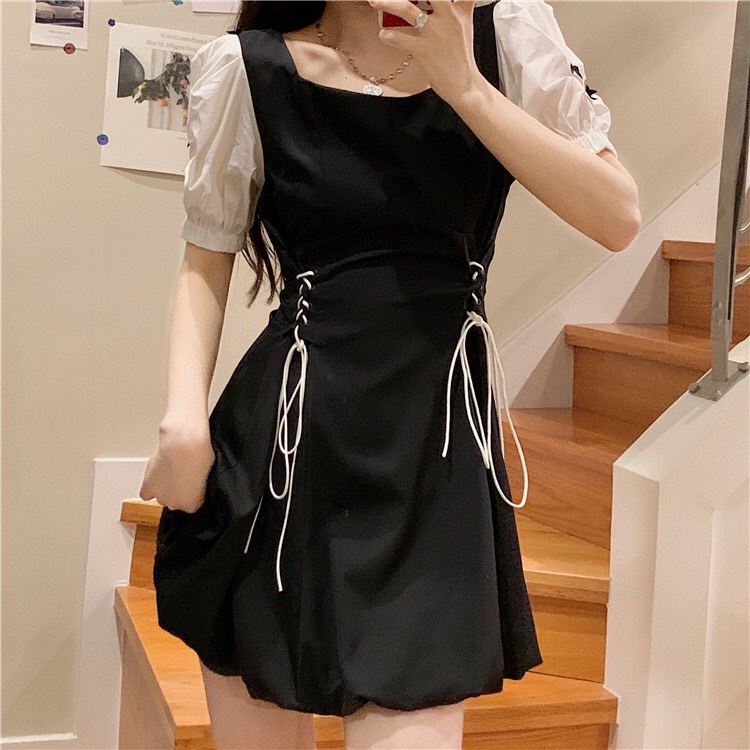 Váy chữ A tay trắng có dây nơ rút 2 bên xinh xắn
