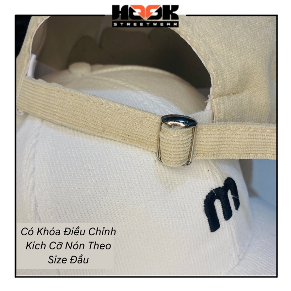 Mũ lưỡi trai Unisex thêu hình chữ M chất vải Kaki màu Đen và Be thương hiệu Hook