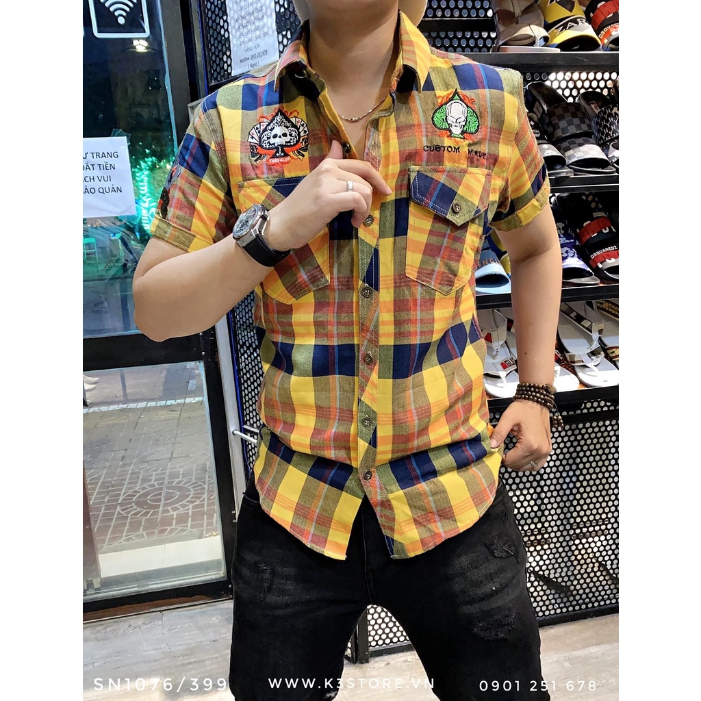 Áo sơ mi tay ngắn nam three collection caro vàng cam thêu thần bài, chất kaki dày dặn chính hãng K3 STORE SN1076