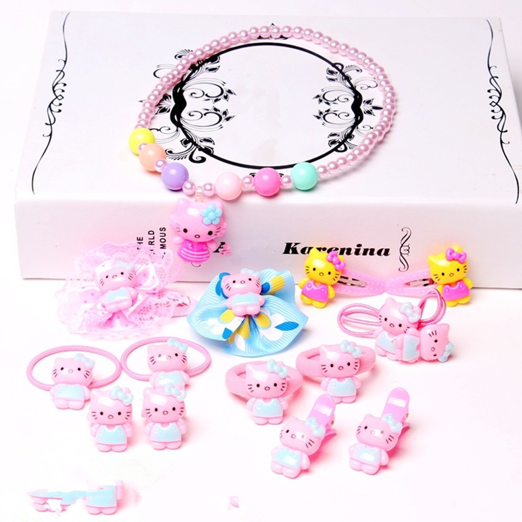 Bộ Kẹp Tóc + Dây Buộc Tóc Hình Hello Kitty / Mickey Cho Bé Gái