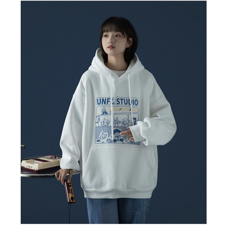 Áo hoodie nỉ ngoại ulzzang nam nữ unisex cặp đôi khoác choàng chui đầu chống nắng có nón in hoạt hình gấu bàn tay