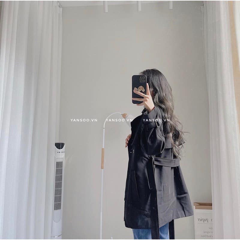 Áo khoác măng tô dáng dài kèm thắt lưng, Áo khoác dài tay form rộng màu đen, nâu thời trang Hàn Quốc