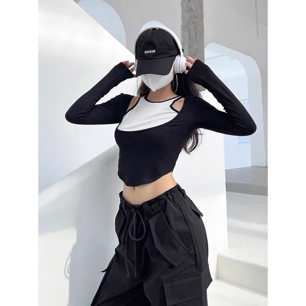 Áo Kiểu Nữ Dài Tay Vạt Bầu Áo Thun Nữ Hàn Quốc Phối Màu Hở Vai Ôm Body Sexy - 25 Store