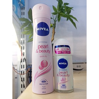 Combo 1 xịt ngăn mùi nữ 150ml+ 1 lăn khử mùi nữ 50ml nivea ngọc trai quyến rũ pearl & beauty