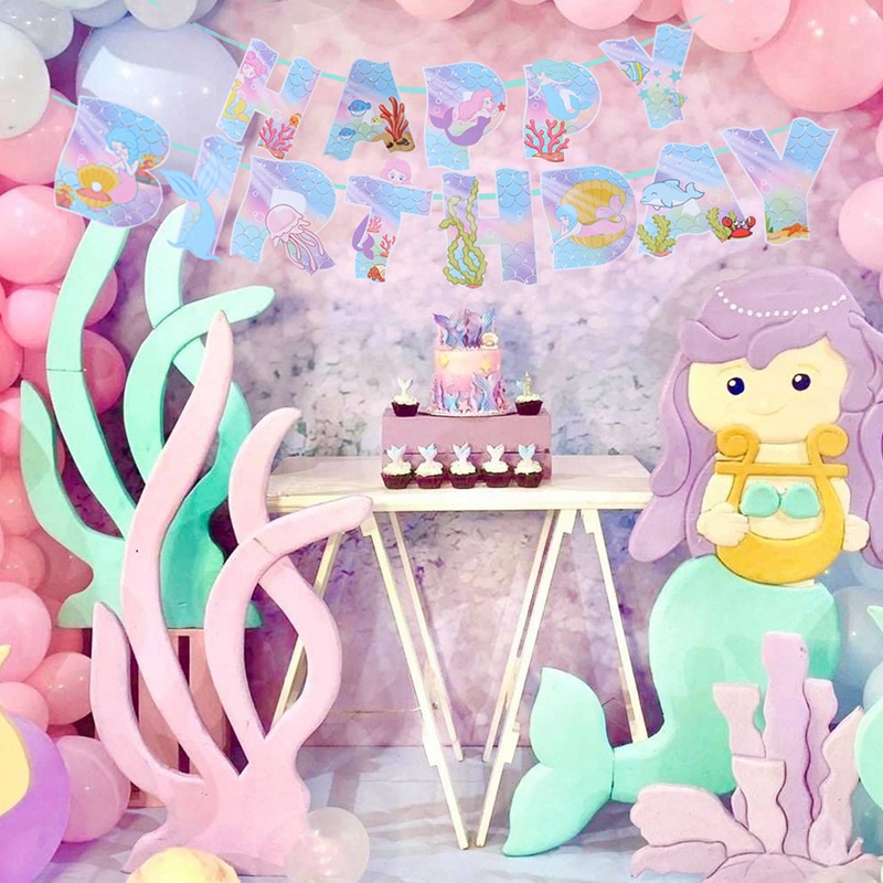 Bộ Dây Banner Trang Trí Sinh Nhật 1 Tuổi Hình Vỏ Sò/Bạch Tiên Cá Dành Cho Bé