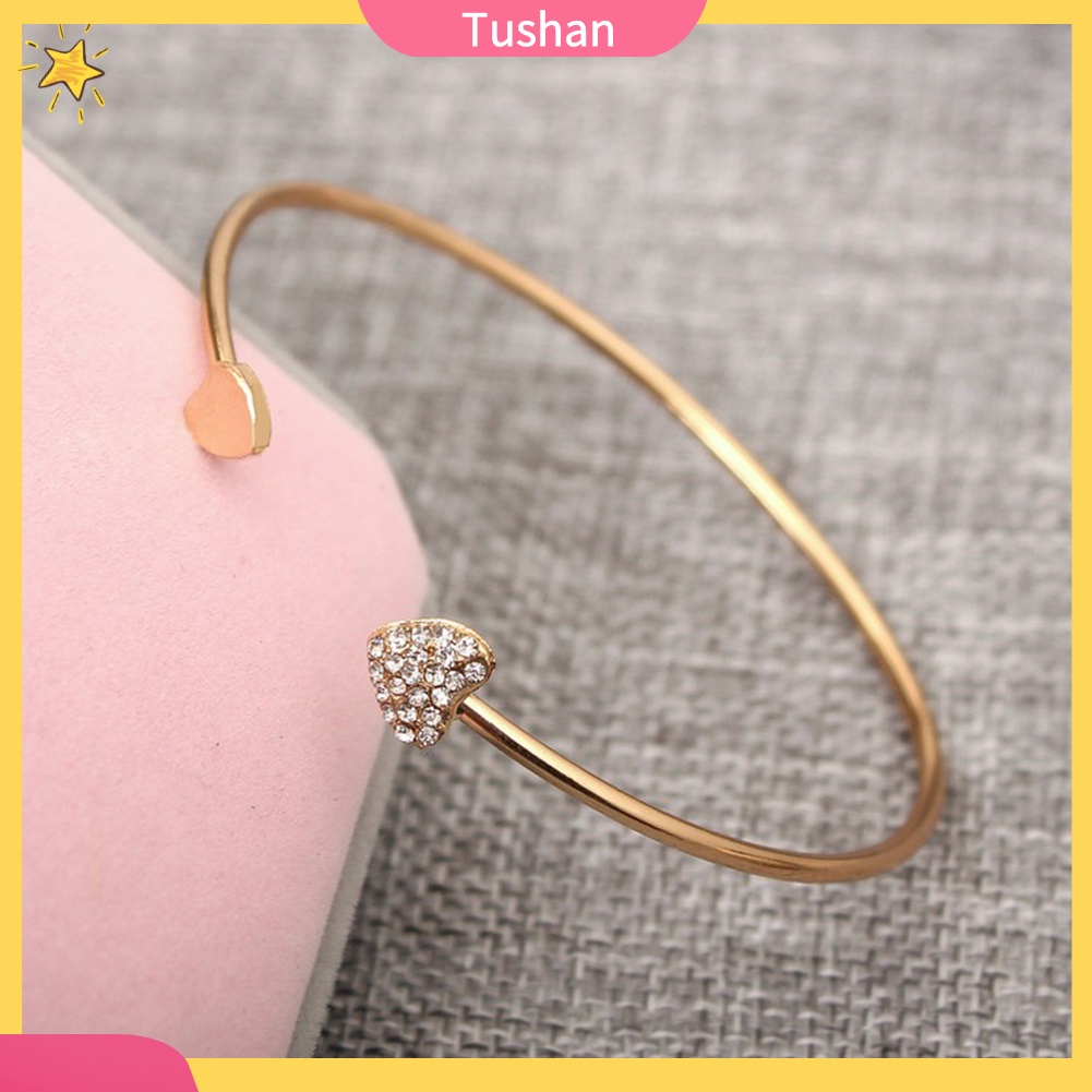 TUSH_Women Double Heart Rhinestone Inlaid Opening Cuff Bracelet Bangle Jewelry Gift