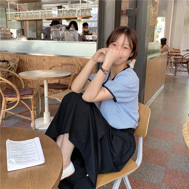 SUXI Áo Kiểu Tay Ngắn Cổ Tròn Kẻ Sọc Ca Rô Thời Trang Mùa Hè Dành Cho Nữ