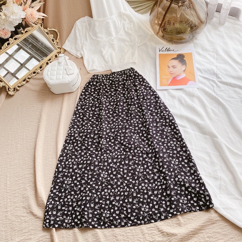 Set áo crop + chân váy hoa nhí (Set Lili)