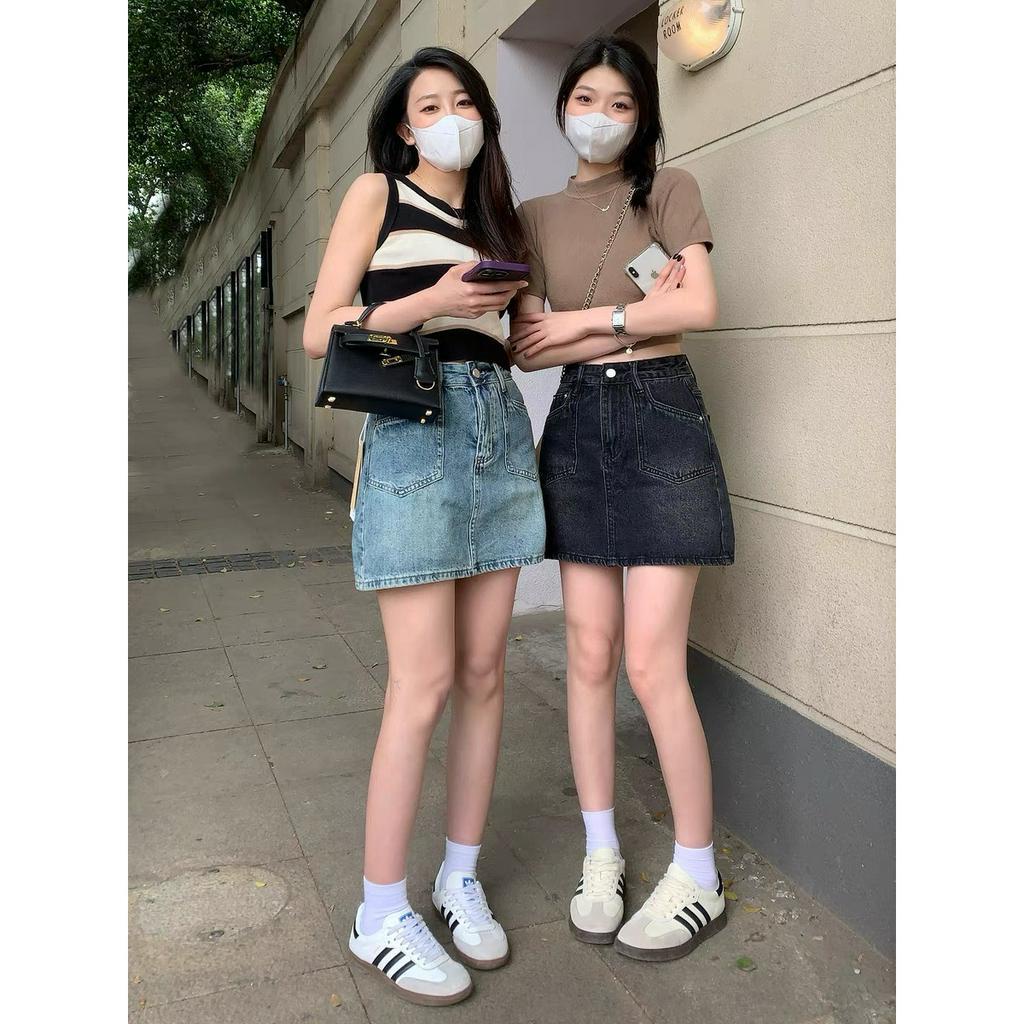 Chân váy jean nữ ngắn chữ A lưng cao túi vuông, váy bò nữ trơn màu đen xanh có quần phong cách y2k ulzzang hàn quốc