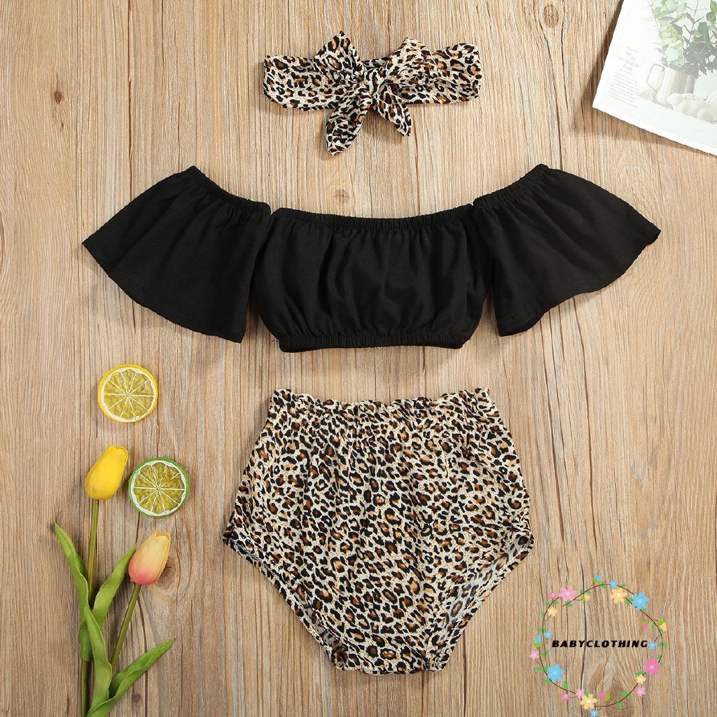 Bộ áo hở vai cánh tiên + quần short in hoạ tiết da báo + băng đô cài tóc xinh xắn cho bé gái