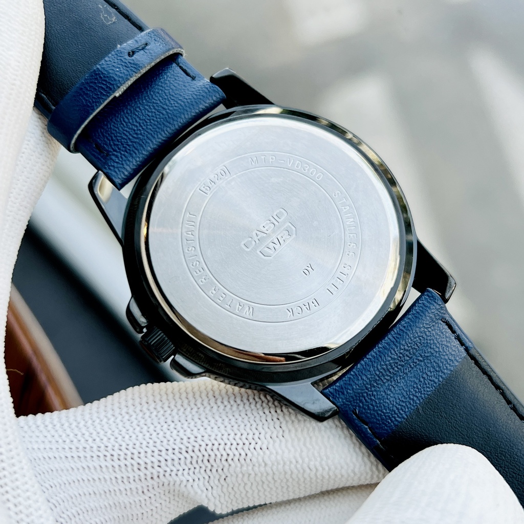 Đồng hồ nam cao cấp Casio MTP VD300BL -2E Dây da mặt xanh 6 kim viềng đen chống nước 3atm Bảo hành 1 năm Hyma watch