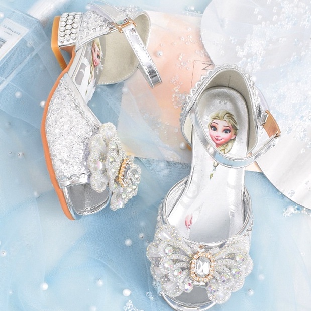 Giày bé gái hình công chúa Elsa có gót đính đá cao cấp, giày hở mũi gót 2.5cm bé 3-12 tuổi bé đi học đi chơi