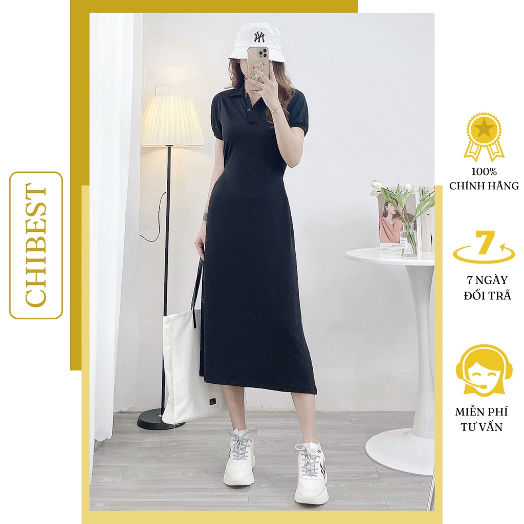 Đầm thun suông dài nút eo Dáng Rộng Cổ polo CHIBEST LDB77